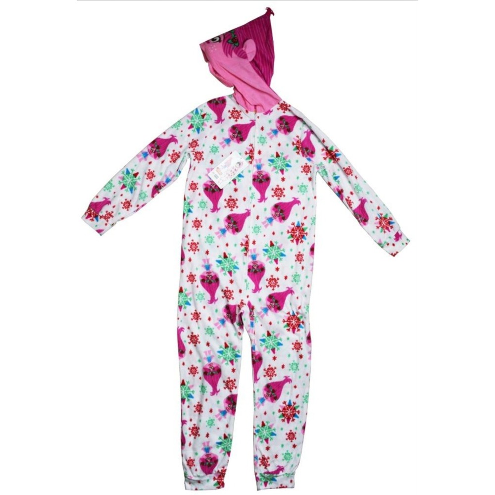 NEW DreamWorks Trolls Girls XL Hooded Zip Pajamas One-Piece Body Suit
